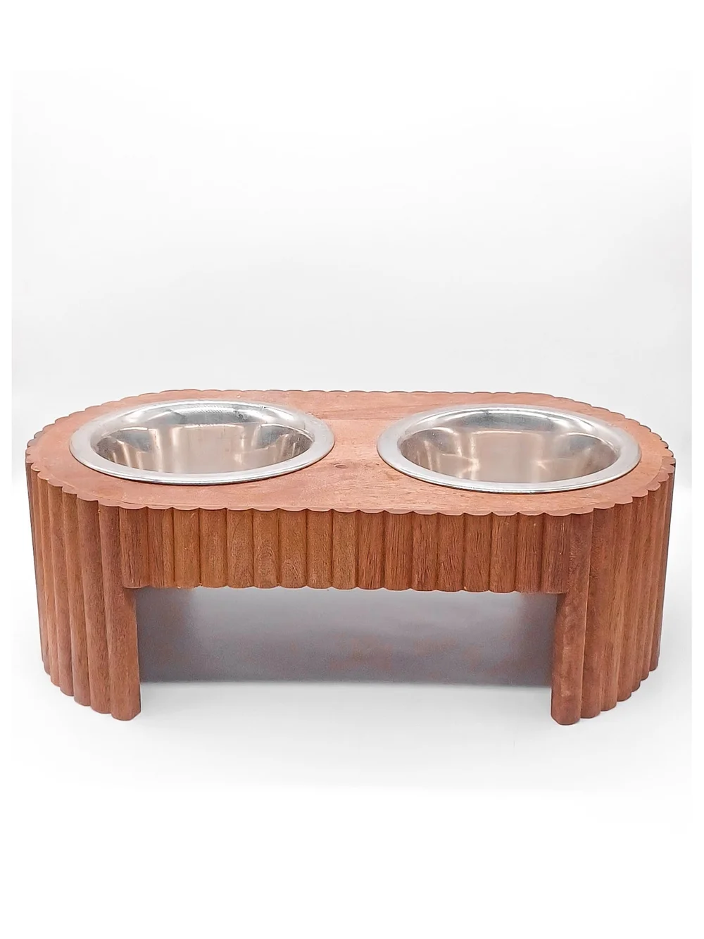 New Elevated Stainless Steel Double Dog Bowls With Custom Wood Stand ~ Natural